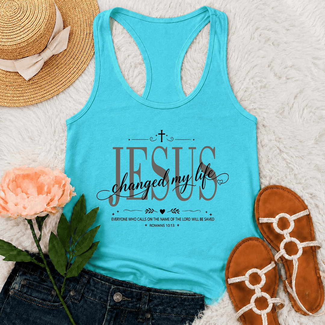 Christianartworkshop Jesus Changed My Life Dual Font Cross Heart Accent Romans 10:13 Decorative Frame Graphic Racerback Tank Top - Mint - 2XL - image 6