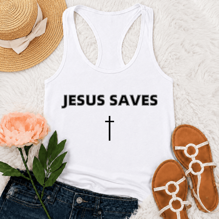 Christianartworkshop Jesus Saves Bold Block Letter Simple Vertical Cross Minimal Graphic Racerback Tank Top - White - 2XL - image 12