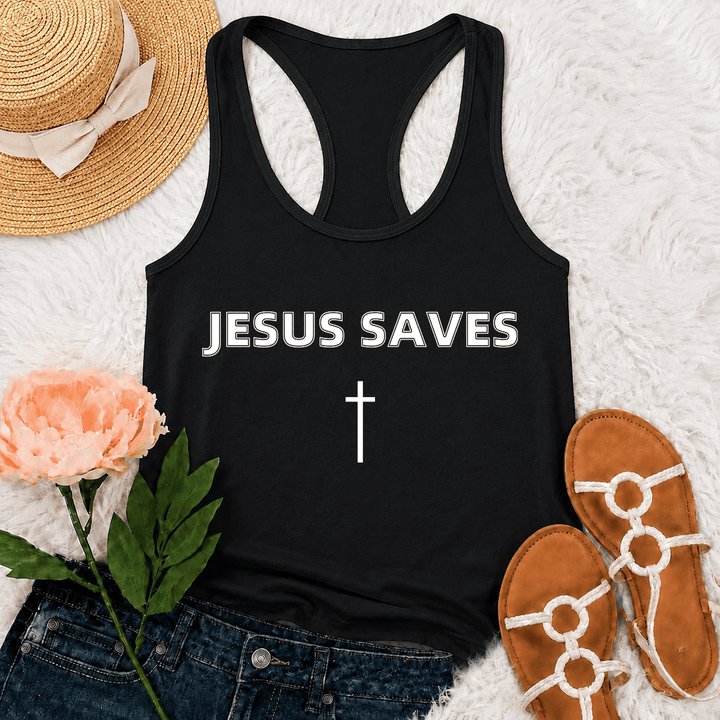 Christianartworkshop Jesus Saves Bold Block Letter Simple Vertical Cross Minimal Graphic Racerback Tank Top - Black - 2XL - image 6