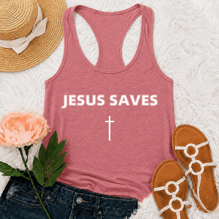 Christianartworkshop Jesus Saves Bold Block Letter Simple Vertical Cross Minimal Graphic Racerback Tank Top - Pink - 2XL - image 3