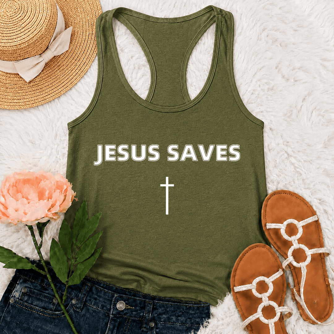 Christianartworkshop Jesus Saves Bold Block Letter Simple Vertical Cross Minimal Graphic Racerback Tank Top - Army Green - 2XL - image 21