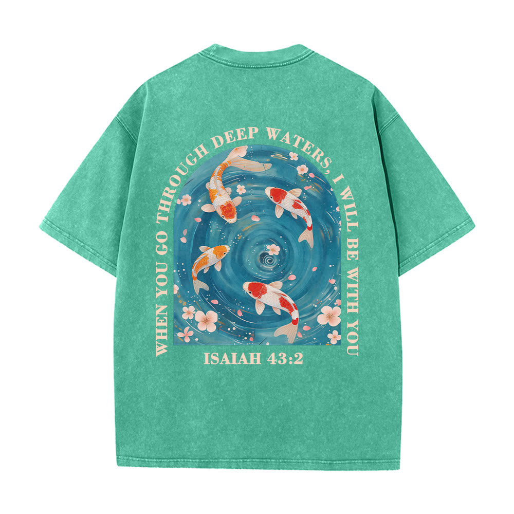Christianartworkshop Curved Arch Wording Isaiah 43:2 Oriental Koi Floral Arrangement Dual Side Faith Washed Unisex T-Shirt - image 5