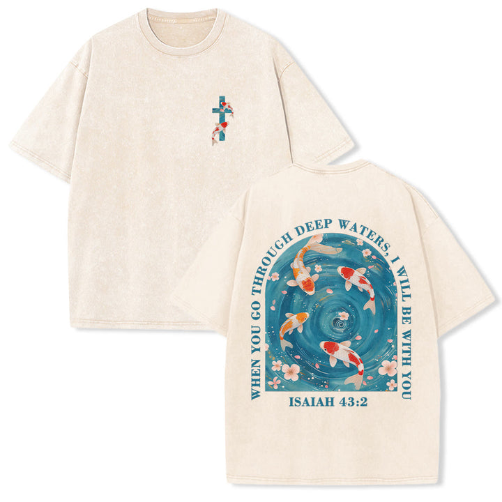 Christianartworkshop Curved Arch Wording Isaiah 43:2 Oriental Koi Floral Arrangement Dual Side Faith Washed Unisex T-Shirt - Beige - 5XL - image 0