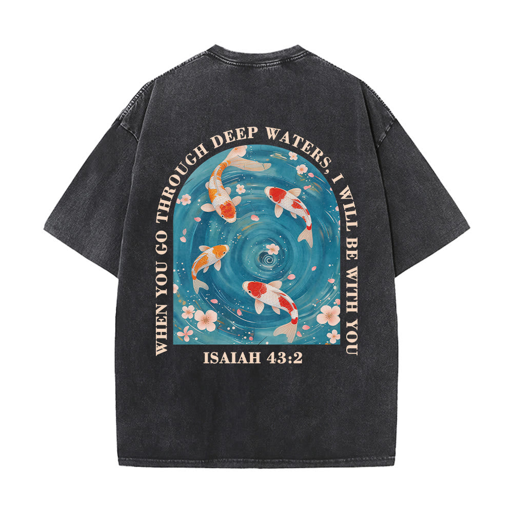Christianartworkshop Curved Arch Wording Isaiah 43:2 Oriental Koi Floral Arrangement Dual Side Faith Washed Unisex T-Shirt - image 11