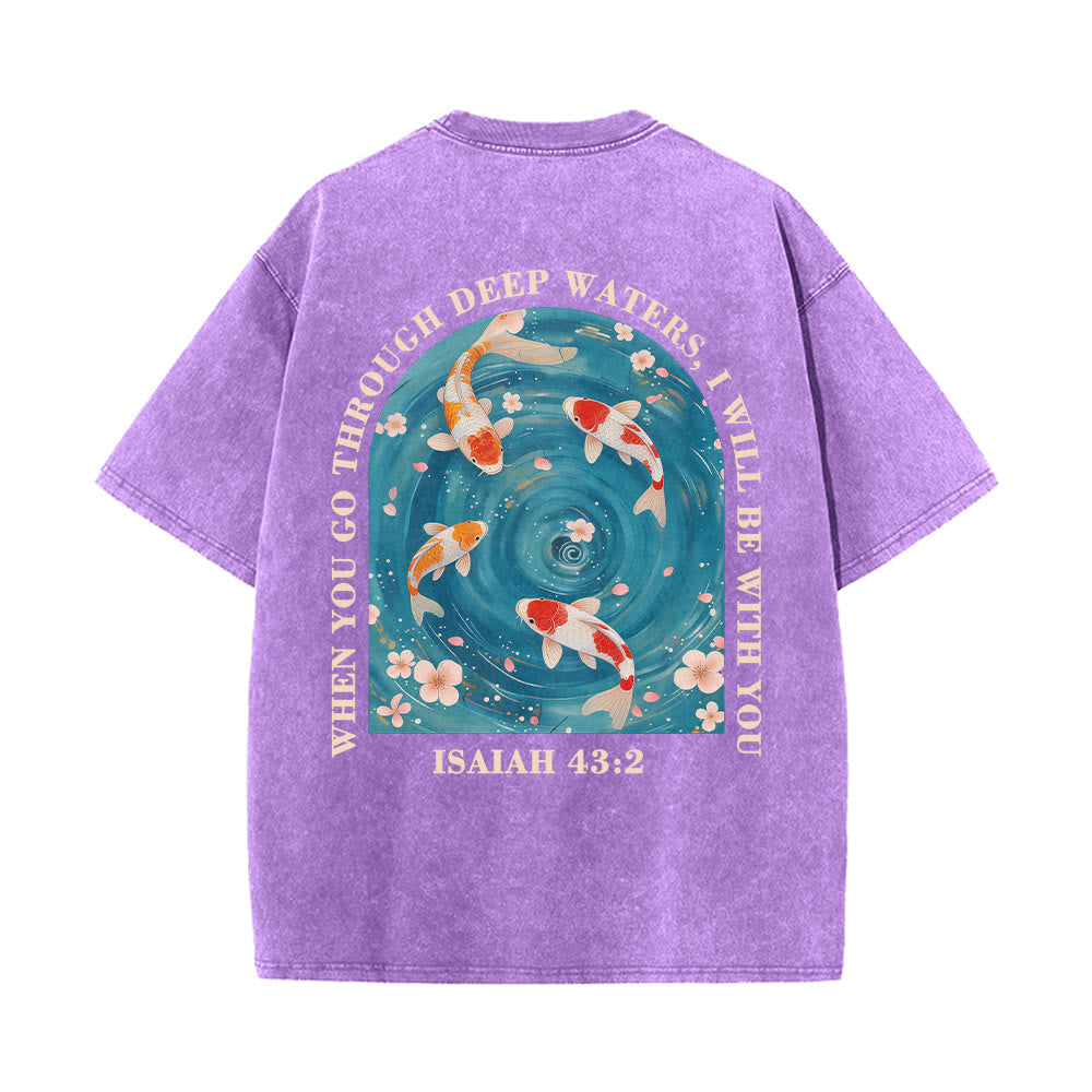 Christianartworkshop Curved Arch Wording Isaiah 43:2 Oriental Koi Floral Arrangement Dual Side Faith Washed Unisex T-Shirt - image 8