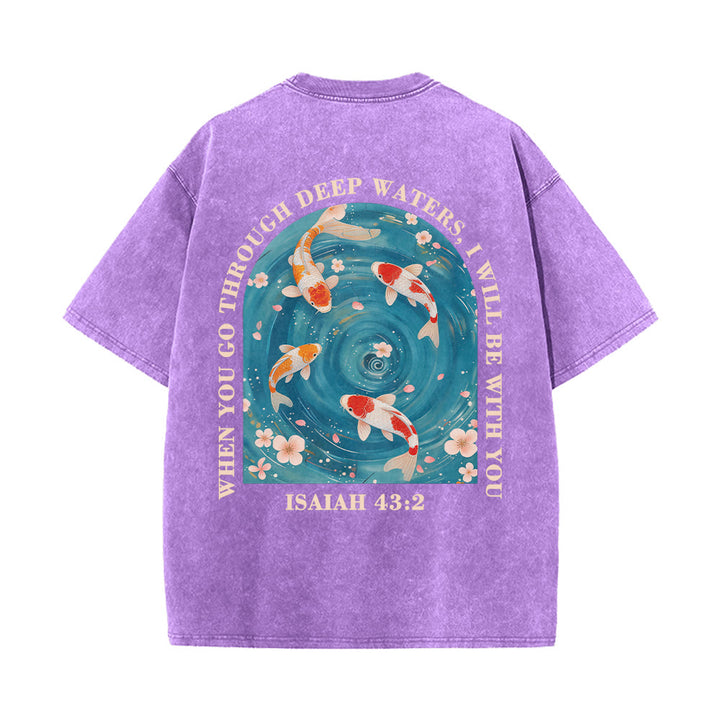 Christianartworkshop Curved Arch Wording Isaiah 43:2 Oriental Koi Floral Arrangement Dual Side Faith Washed Unisex T-Shirt - image 8