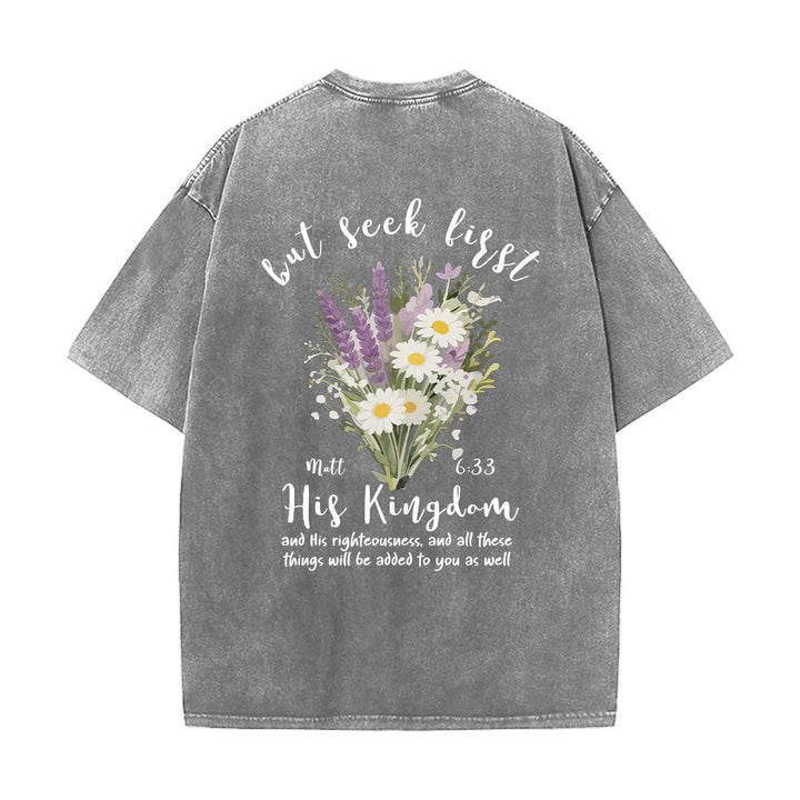 Christianartworkshop Tiny Lavender Daisy Bouquet Large Back Floral Arrangement Inspirational Verse Washed T-Shirt - image 26
