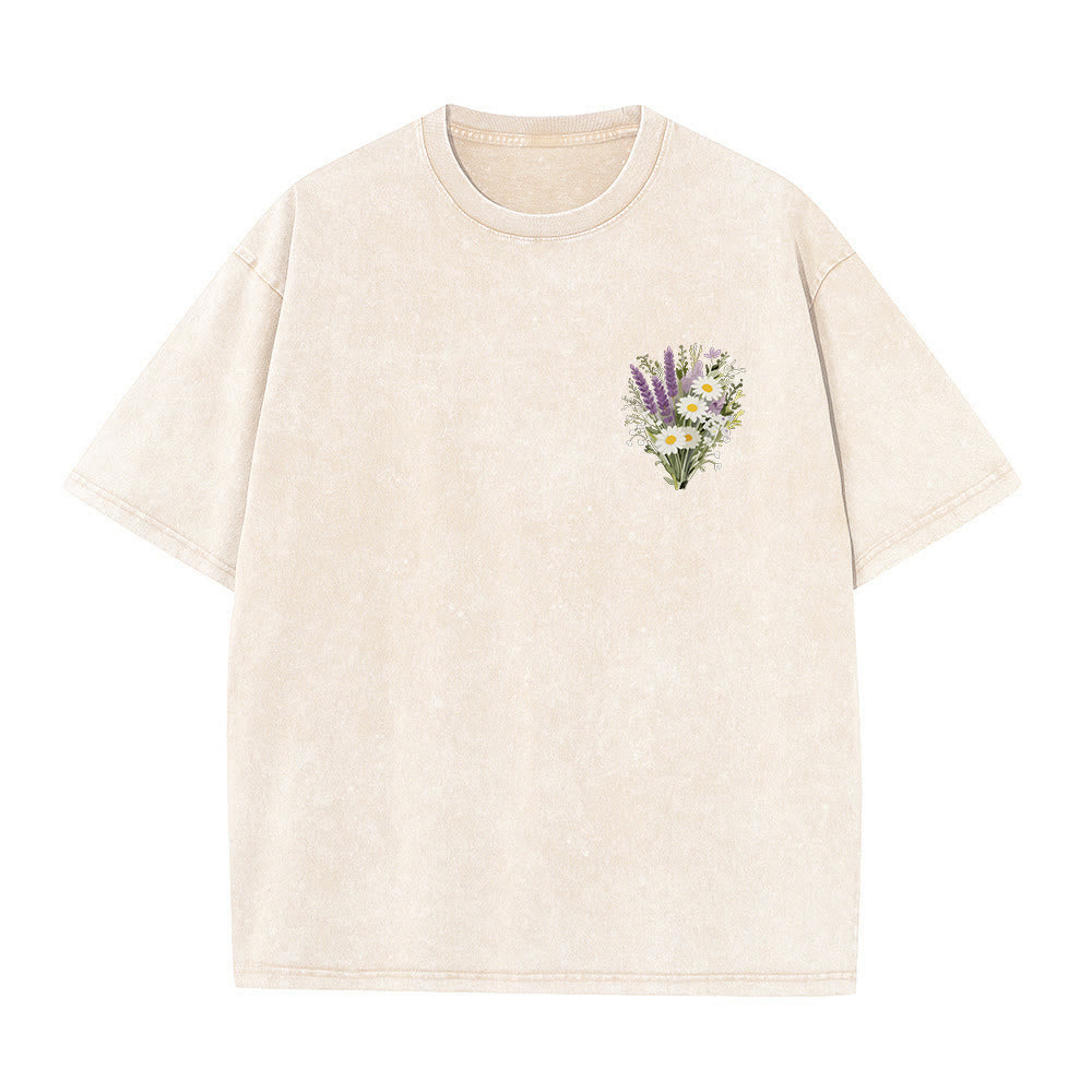 Christianartworkshop Tiny Lavender Daisy Bouquet Large Back Floral Arrangement Inspirational Verse Washed T-Shirt - image 4