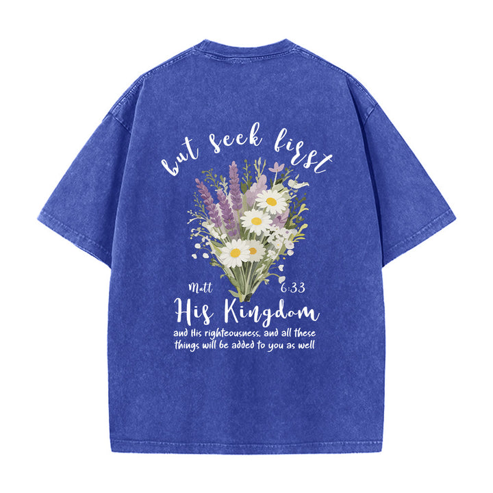 Christianartworkshop Tiny Lavender Daisy Bouquet Large Back Floral Arrangement Inspirational Verse Washed T-Shirt - image 20