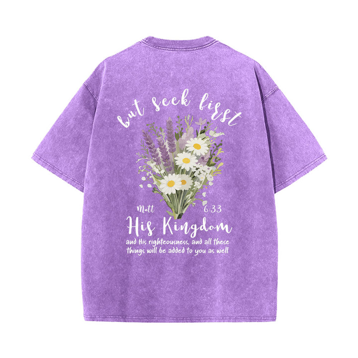 Christianartworkshop Tiny Lavender Daisy Bouquet Large Back Floral Arrangement Inspirational Verse Washed T-Shirt - image 11