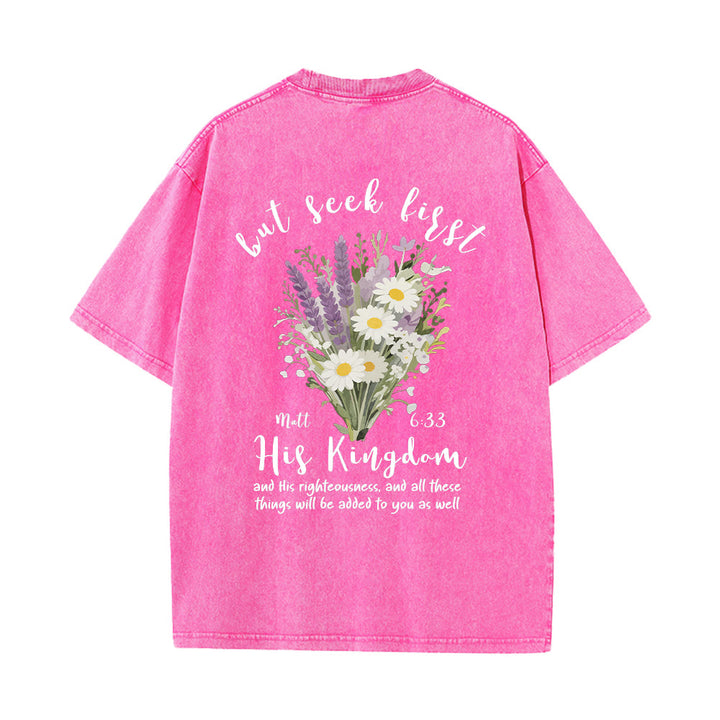 Christianartworkshop Tiny Lavender Daisy Bouquet Large Back Floral Arrangement Inspirational Verse Washed T-Shirt - image 17