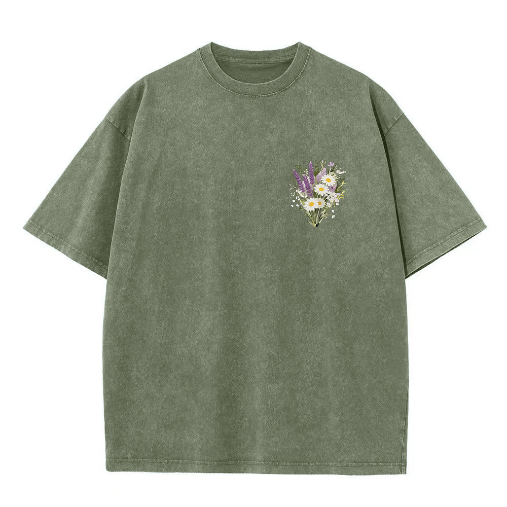 Christianartworkshop Tiny Lavender Daisy Bouquet Large Back Floral Arrangement Inspirational Verse Washed T-Shirt - image 22