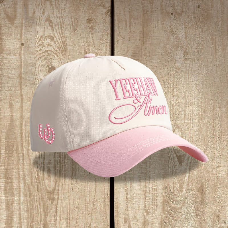 Christianartworkshop Western Style Bold Block & Cursive Script Front Embroidery Horseshoe Accent Adjustable Baseball Cap - Pink - image 1