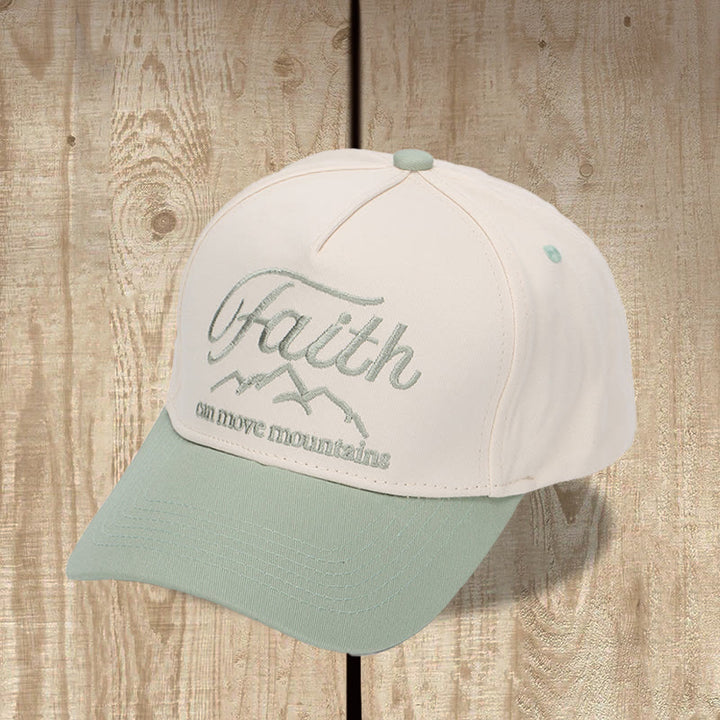 Christianartworkshop Faith Can Move Mountains Cursive Script Mountain Outline Front Embroidery Two Tone Adjustable Baseball Cap - Green - image 2