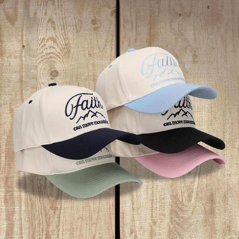 Christianartworkshop Faith Can Move Mountains Cursive Script Mountain Outline Front Embroidery Two Tone Adjustable Baseball Cap - image 1