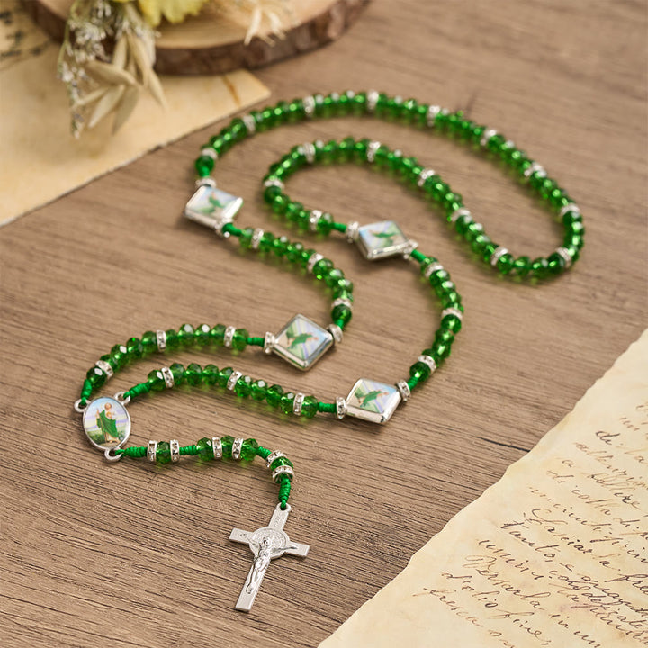 Christianartworkshop Emerald Transparent Round Bead Rosary With St. Patrick Saint Portrait Plaques & INRI Crucifix - image 2