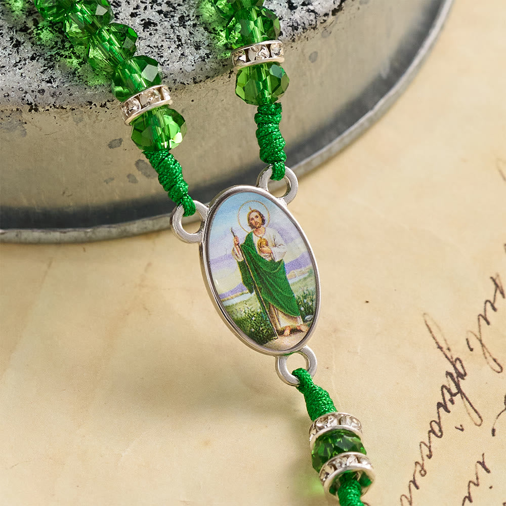 Christianartworkshop Emerald Transparent Round Bead Rosary With St. Patrick Saint Portrait Plaques & INRI Crucifix - image 3