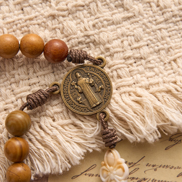 Christianartworkshop Natural Green Sandalwood Bead Cord Rosary With St.Benedict Medal Floral Frame Crucifix - image 6