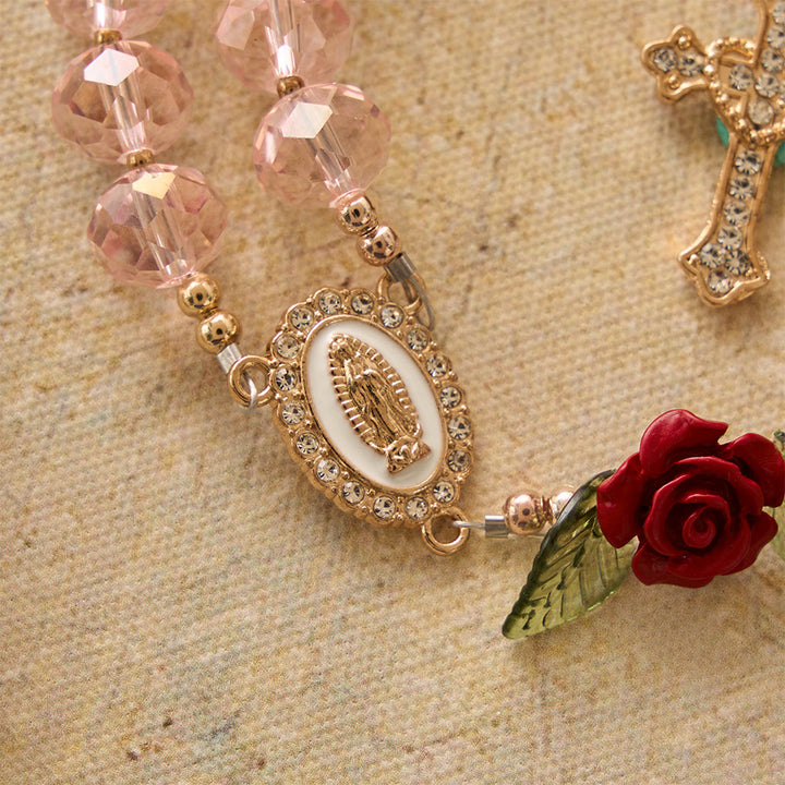 Christianartworkshop Faceted Pink Glass Bead Handmade Rose Our Lady of Guadalupe with Crucifix Prayer Rosary - image 5