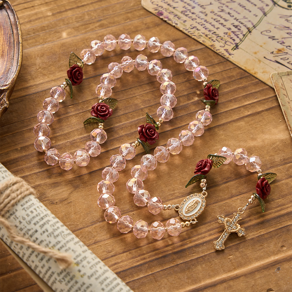Christianartworkshop Faceted Pink Glass Bead Handmade Rose Our Lady of Guadalupe with Crucifix Prayer Rosary - image 3