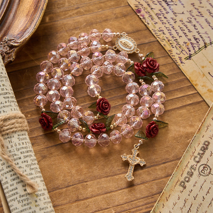 Christianartworkshop Faceted Pink Glass Bead Handmade Rose Our Lady of Guadalupe with Crucifix Prayer Rosary - image 4