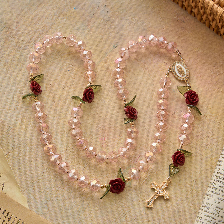 Christianartworkshop Faceted Pink Glass Bead Handmade Rose Our Lady of Guadalupe with Crucifix Prayer Rosary - image 2