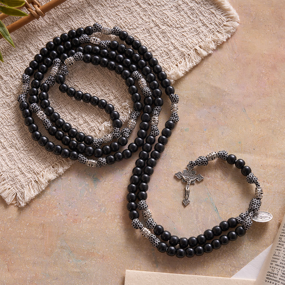 Christianartworkshop 15 Decade Paracord Matte Black Bead Carved Floral Spacer Sacred Rosary - image 2
