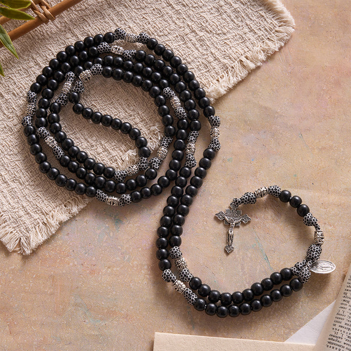 Christianartworkshop 15 Decade Paracord Matte Black Bead Carved Floral Spacer Sacred Rosary - image 2