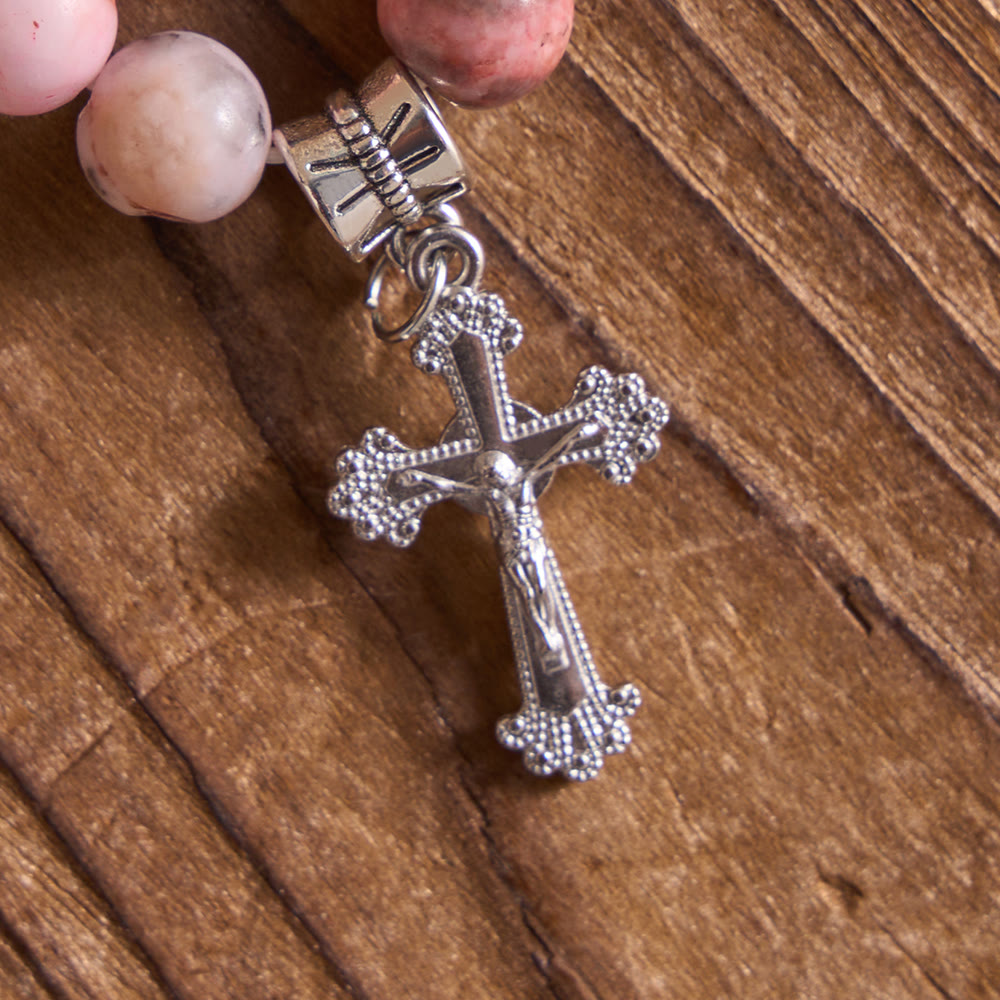 Christianartworkshop Natural Veined Pink Opal Floral Border Crucifix Finger Rosary - image 5