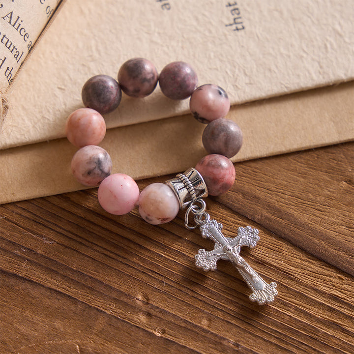 Christianartworkshop Natural Veined Pink Opal Floral Border Crucifix Finger Rosary - image 2