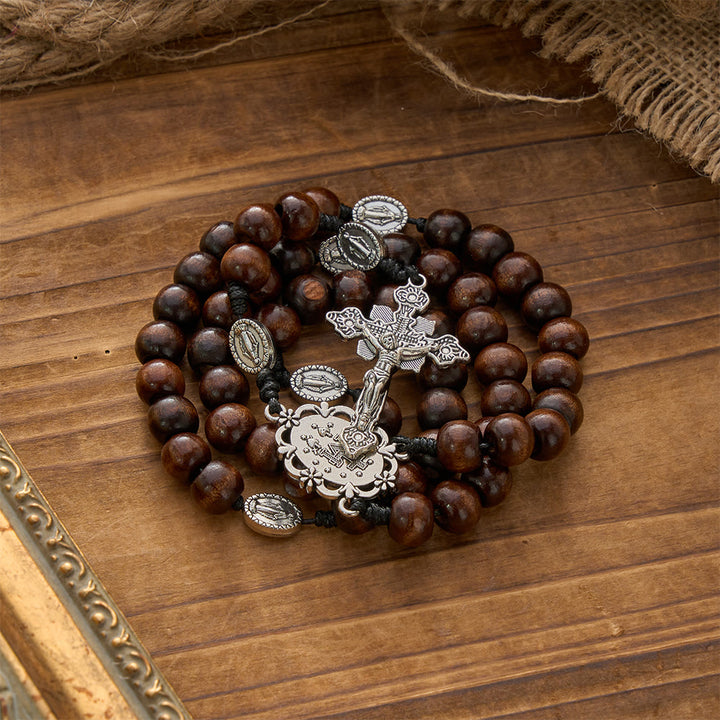 Christianartworkshop 5/15/20 Decade Polished Natural Wood Bead Floral Frame Our Lady & Carved Crucifix Rosary - image 10