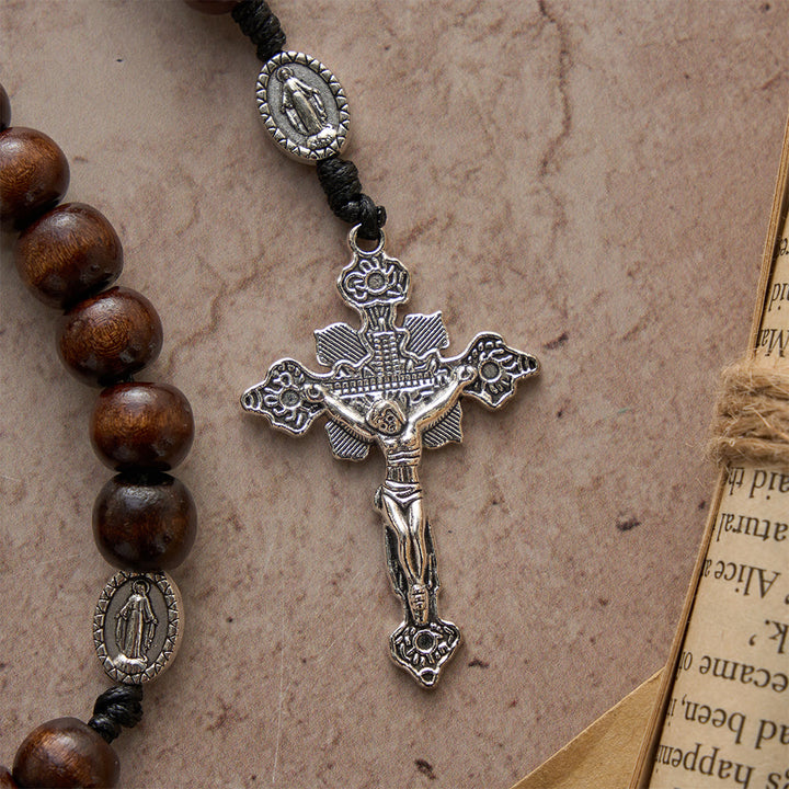 Christianartworkshop 5/15/20 Decade Polished Natural Wood Bead Floral Frame Our Lady & Carved Crucifix Rosary - image 13