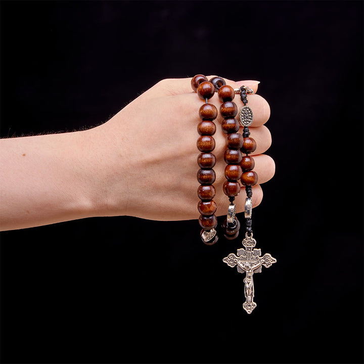 Christianartworkshop Polished Natural Wood Bead Floral Frame Our Lady & Carved Crucifix Rosary - image 1