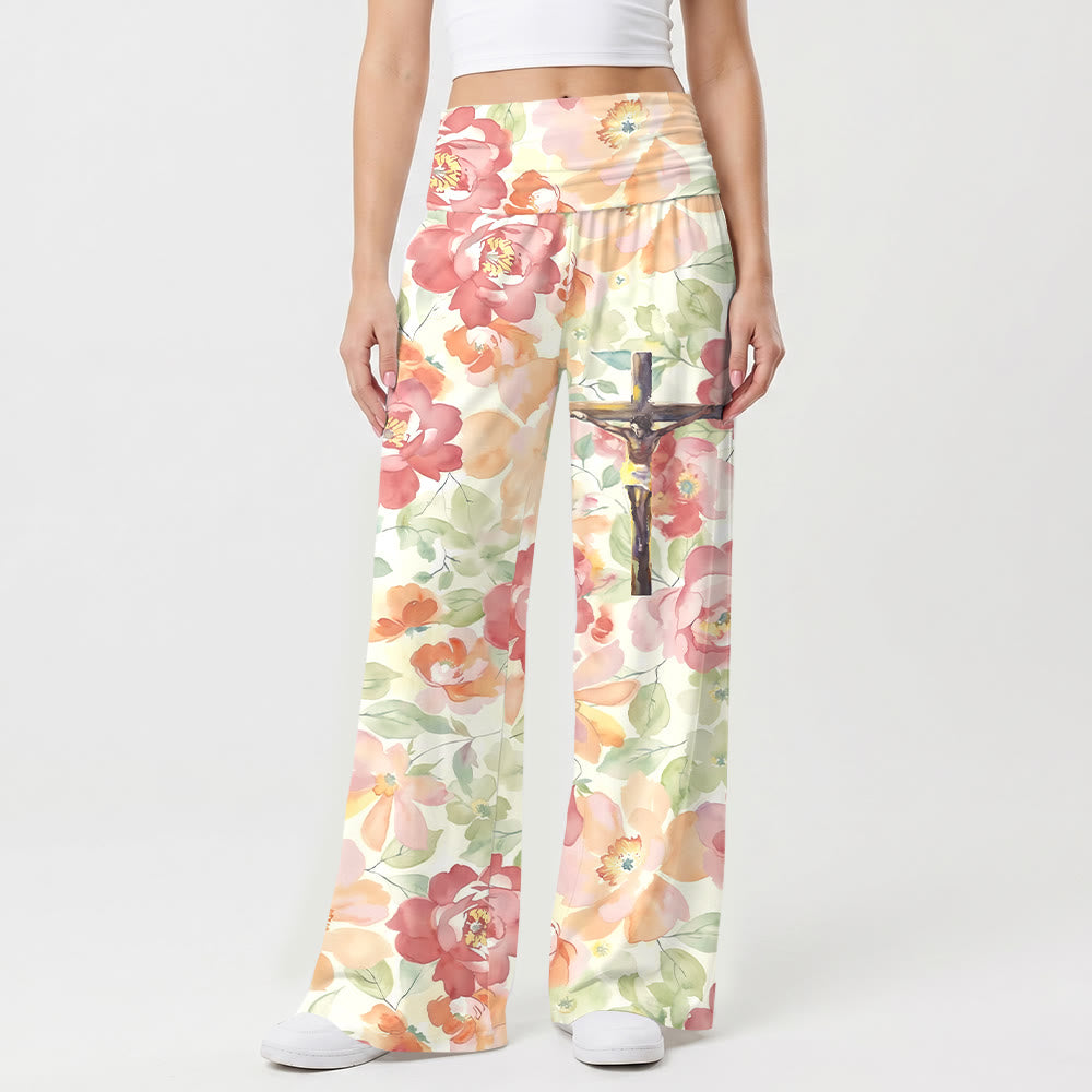 Christianartworkshop Watercolor Peony Floral All Over Print Crucifix Graphic Fold Waist High Rise Wide Leg Pants - US22,UK/AU26,EU54 - image 0