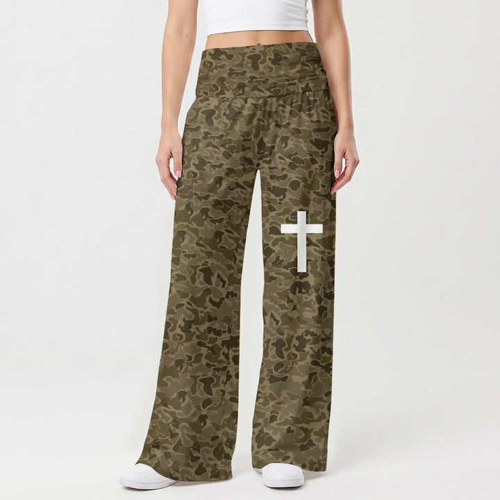 Christianartworkshop Earth Tone Camouflage Print Solid Vertical Cross Thigh Graphic High Waist Stretch Wide Leg Pants - US22,UK/AU26,EU54(6XL) - image 0