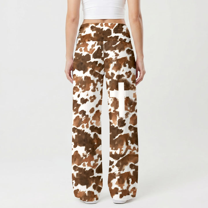 Christianartworkshop Cow Spot All Over Print Solid White Vertical Cross Thigh Graphic Fold Over High Waist Wide Leg Pants - image 1