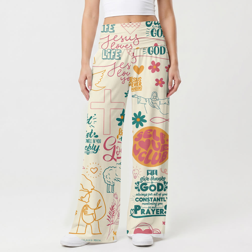 Christianartworkshop Faith Lettering Cross Figure Floral Element All Over Print Fold Over High Waist Wide Leg Pants - US22,UK/AU26,EU54(6XL) - image 0