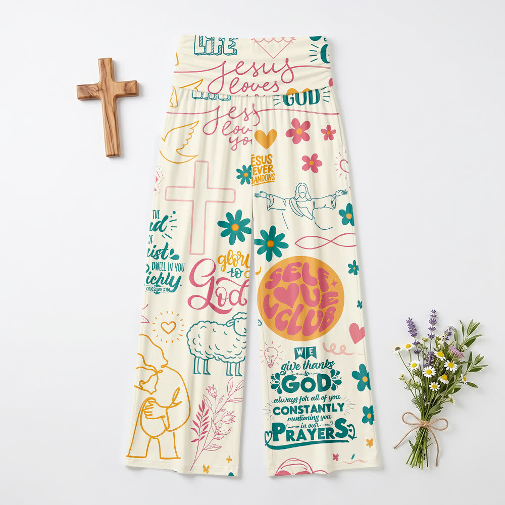 Christianartworkshop Faith Lettering Cross Figure Floral Element All Over Print Fold Over High Waist Wide Leg Pants - image 2
