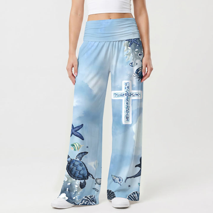 Christianartworkshop Ocean Marine Life Blue And White Pattern Cross All Over Print High Waist Wide Leg Pants - US22,UK/AU26,EU54(6XL) - image 0