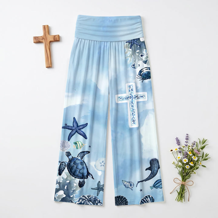 Christianartworkshop Ocean Marine Life Blue And White Pattern Cross All Over Print High Waist Wide Leg Pants - image 2