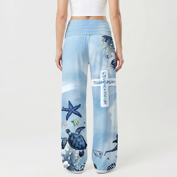 Christianartworkshop Ocean Marine Life Blue And White Pattern Cross All Over Print High Waist Wide Leg Pants - image 1