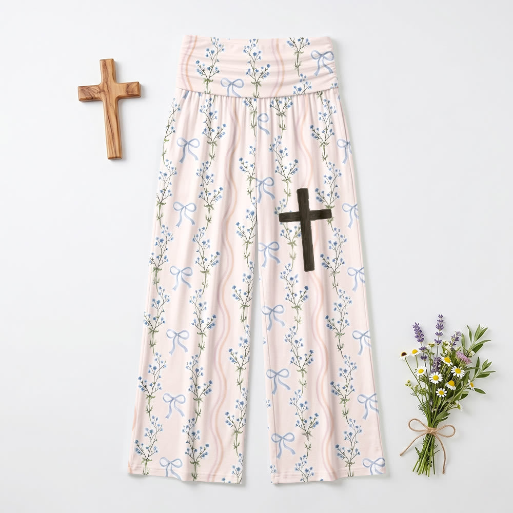 Christianartworkshop Vertical Floral Bow Stripes All Over Print Wooden Cross Thigh Graphic Fold Over High Waist Wide Leg Pants - image 2