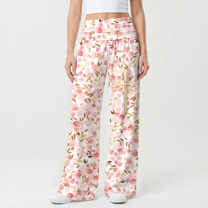 Christianartworkshop Watercolor Blush Bloom Leaf Print Golden Line Cross Thigh Graphic High Waist Wide Leg Pants - US22,UK/AU26,EU54 - image 0