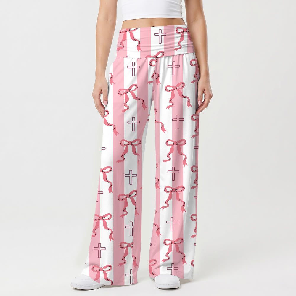 Christianartworkshop Vertical Stripe Bow Outline Cross Print Fold Over High Waist Wide Leg Pants - US22,UK/AU26,EU54 - image 0