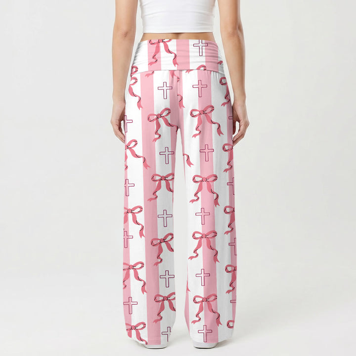 Christianartworkshop Vertical Stripe Bow Outline Cross Print Fold Over High Waist Wide Leg Pants - image 1