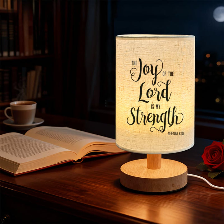 Christianartworkshop Natural Wood Base Fabric Lampshade The Joy of the Lord Is My Strength Scripture Table Lamp: A Carrier of Warm Nighttime Spiritual Peace - image 2