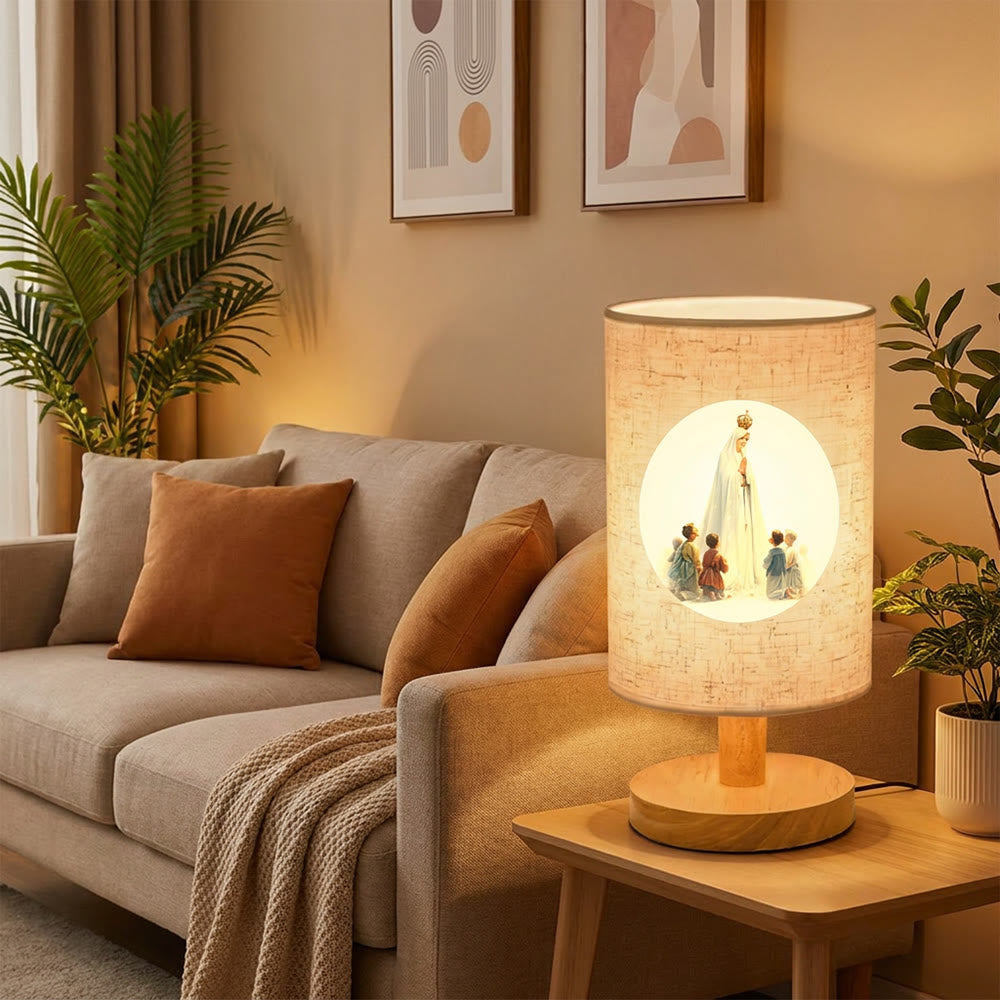 Christianartworkshop Natural Wood Base Fabric Lampshade Our Lady With Children Pattern Table Lamp: A Carrier of Gentle Nighttime Guardian Blessings - image 2