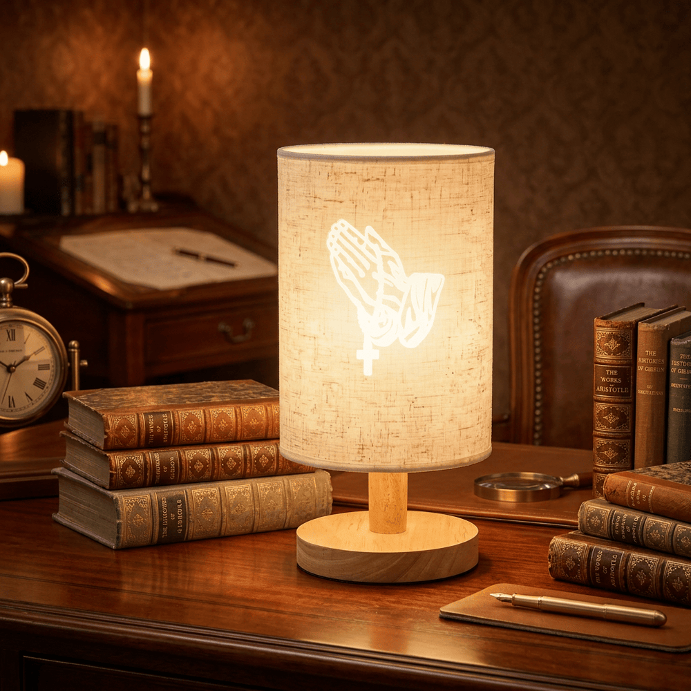Christianartworkshop Natural Wood Base Fabric Lampshade Praying Hands With Cross Pattern Table Lamp: A Carrier of Quiet Nighttime Devotional Peace - image 1