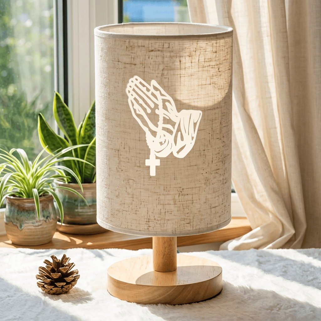 Christianartworkshop Natural Wood Base Fabric Lampshade Praying Hands With Cross Pattern Table Lamp: A Carrier of Quiet Nighttime Devotional Peace - image 3