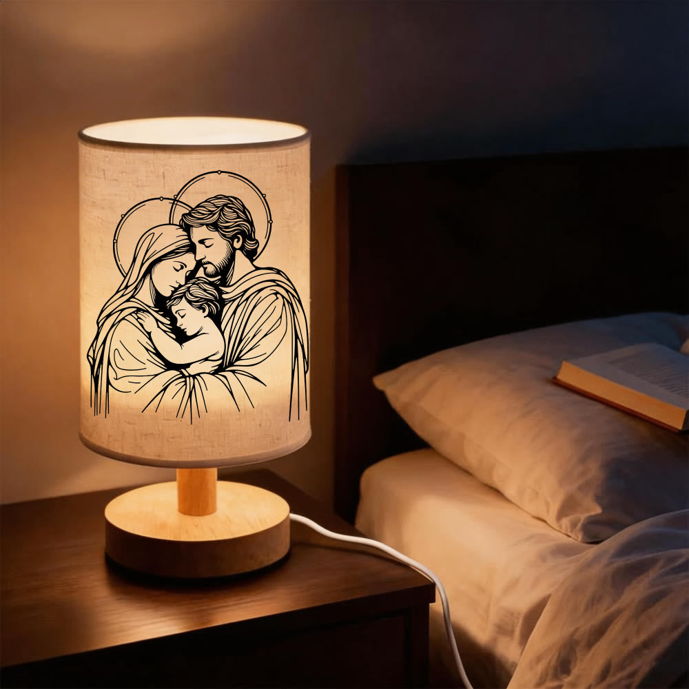 Christianartworkshop Natural Wood Base Fabric Lampshade Holy Family Vintage Table Lamp: A Carrier of Warm Harmonious Nighttime Peace - Our Lady & Jesus - image 0